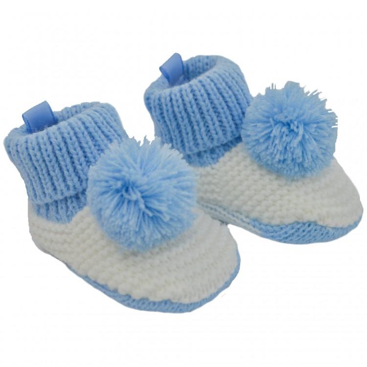 Soft Touch Blue & White Knitted Pom Pom Booties | iphoneandroidapplications