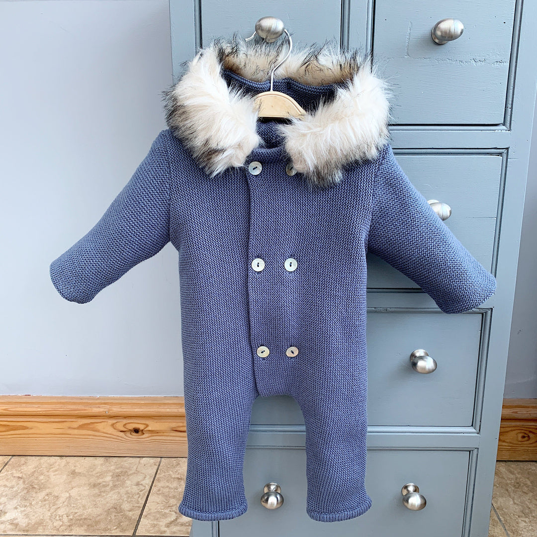 Mebi Dusky Blue Knitted Footless Pramsuit with Faux Fur Trim | iphoneandroidapplications