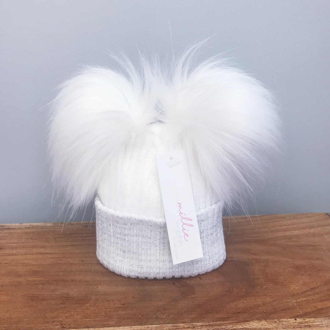 iphoneandroidapplications First Size White & Silver Double Pom Pom Hat | iphoneandroidapplications