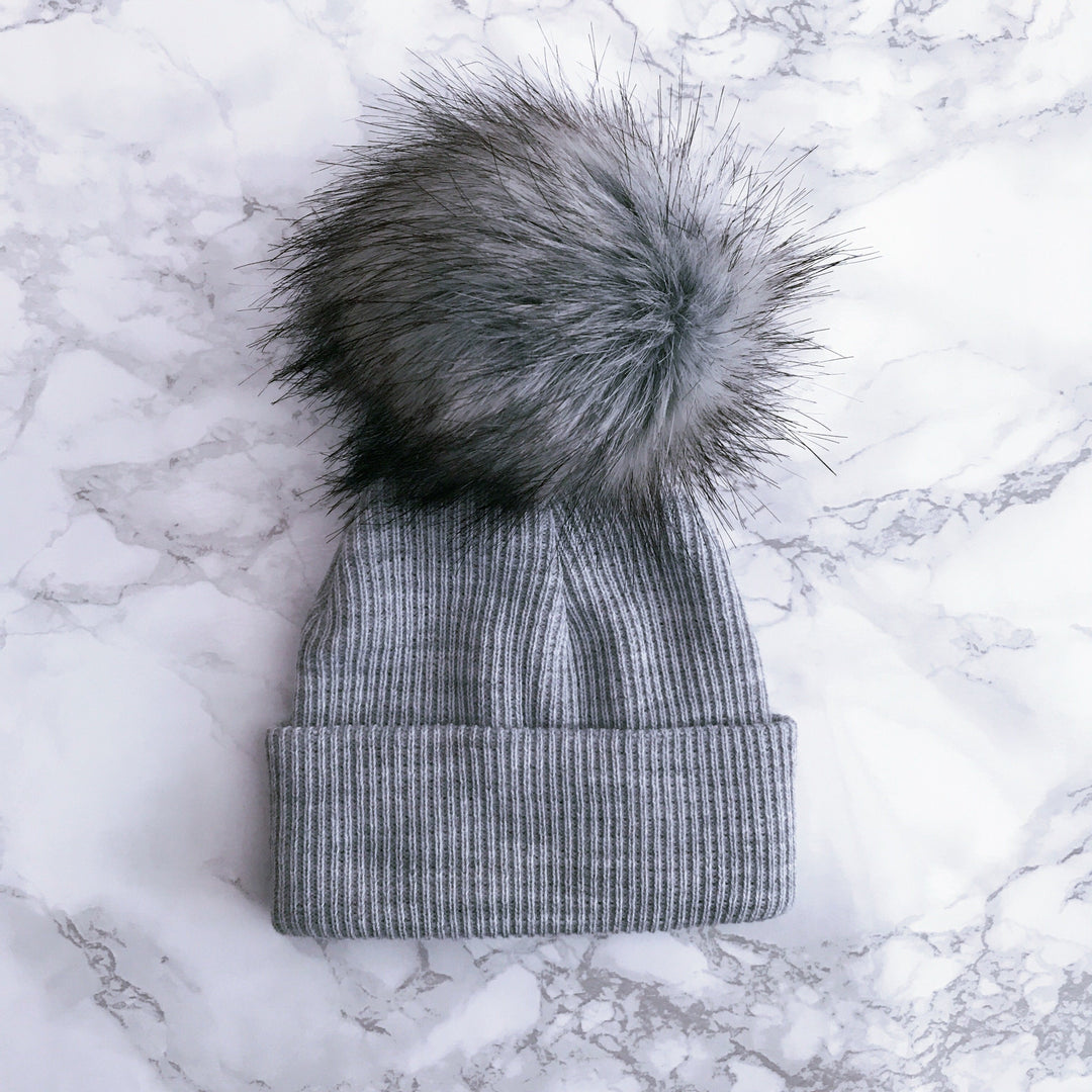 iphoneandroidapplications Grey Ribbed Faux Fur Pom Pom Hat | iphoneandroidapplications