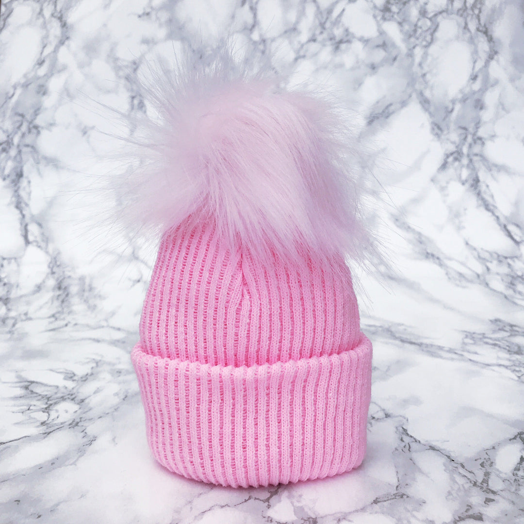 iphoneandroidapplications Pink Ribbed Faux Fur Pom Pom Hat | iphoneandroidapplications