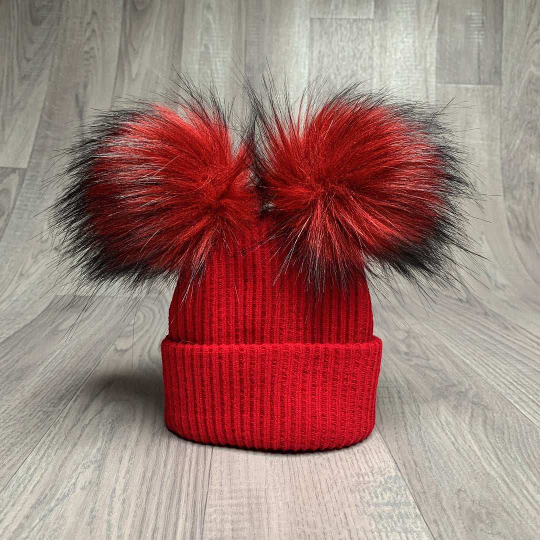 iphoneandroidapplications Red Ribbed Double Pom Pom Hat | iphoneandroidapplications