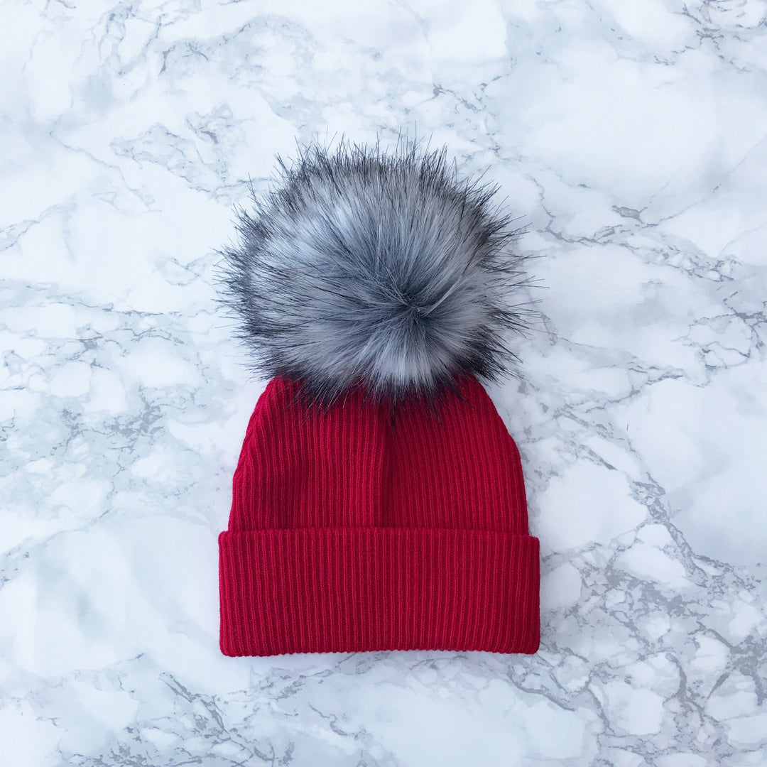 iphoneandroidapplications Red Ribbed Faux Fur Pom Pom Hat | iphoneandroidapplications
