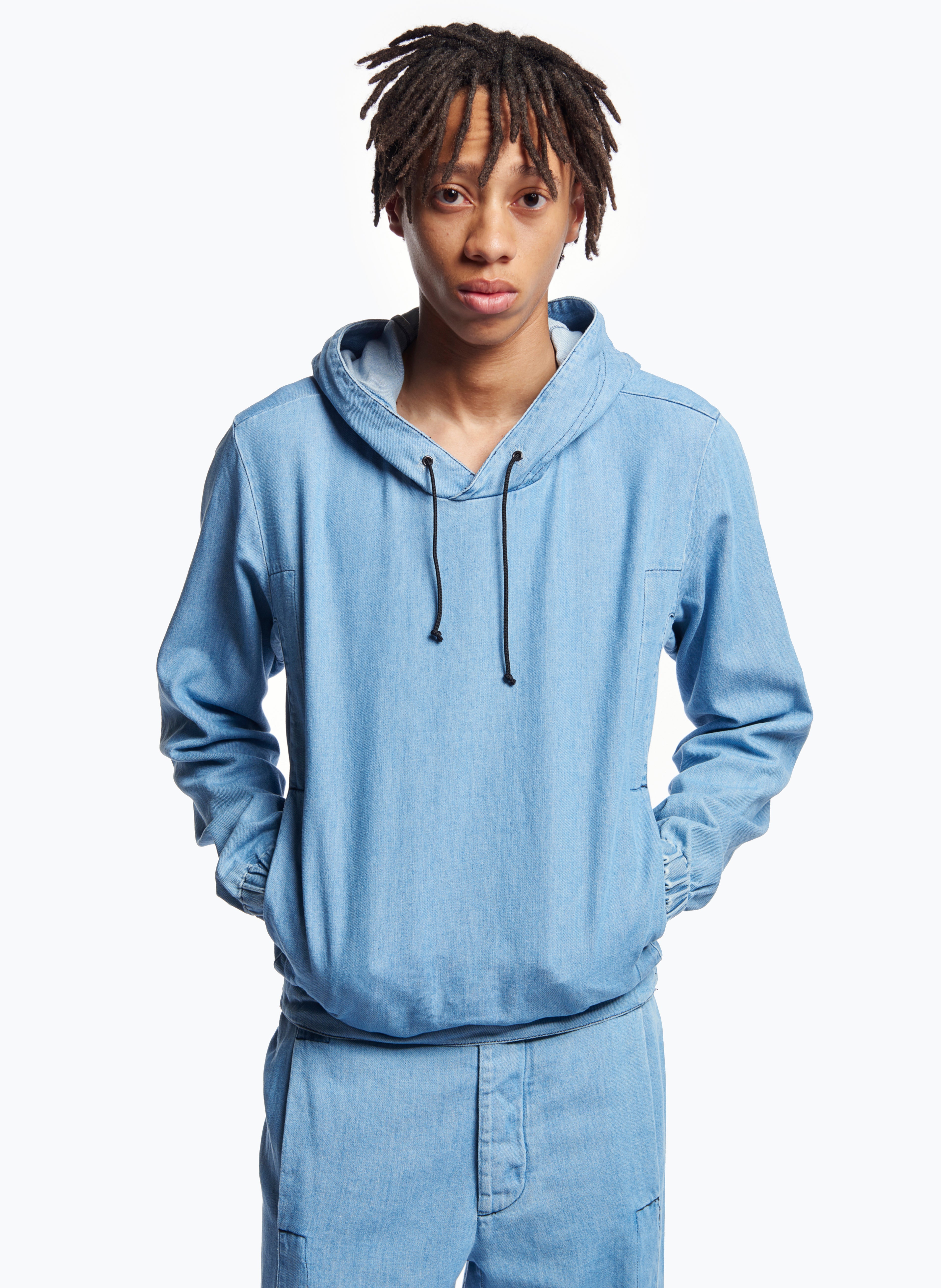Hooded Sweatshirt with Side Cutouts in Bleached Denim