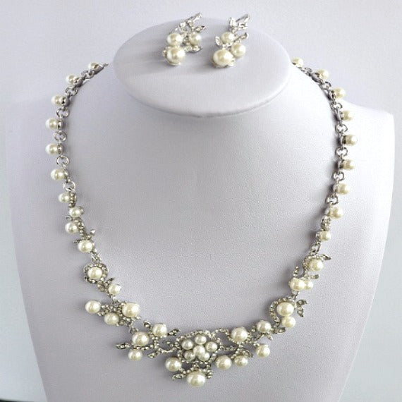 White Gold Rhinestone Pearl Wedding Jewelry Set Bridal Pearl