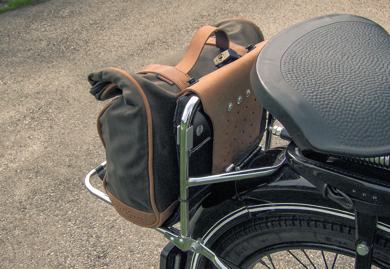 Saddlebag on vintage motorcycle.