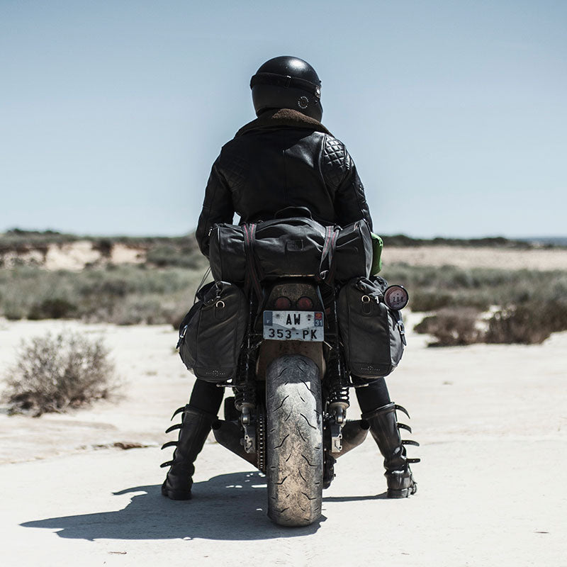 Large saddlebags on custom Yamaha XJR.