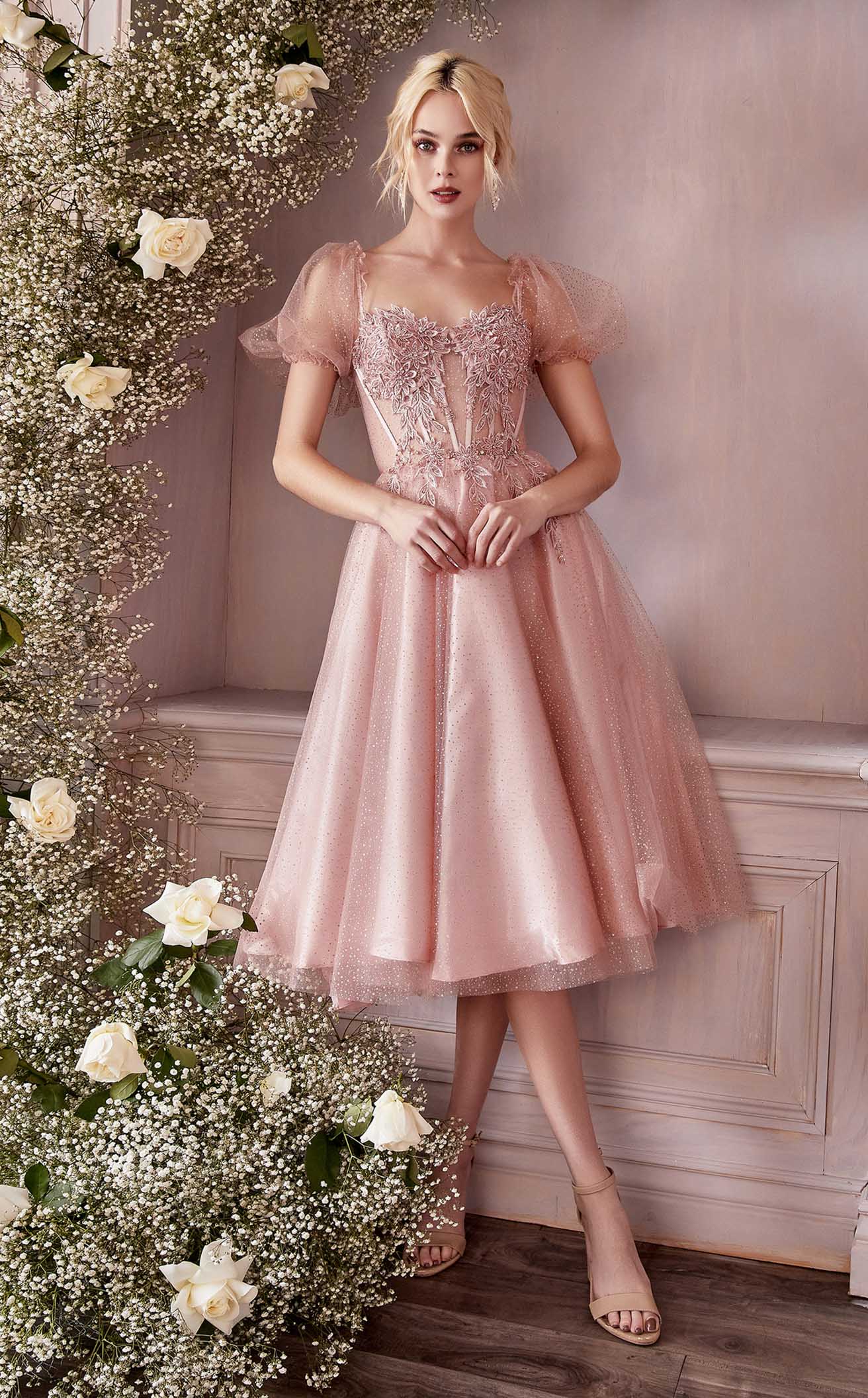 pink tea length formal dresses