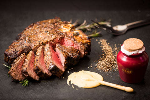 Sixty day dry aged T-Bone steak with Maille black truffle mustard