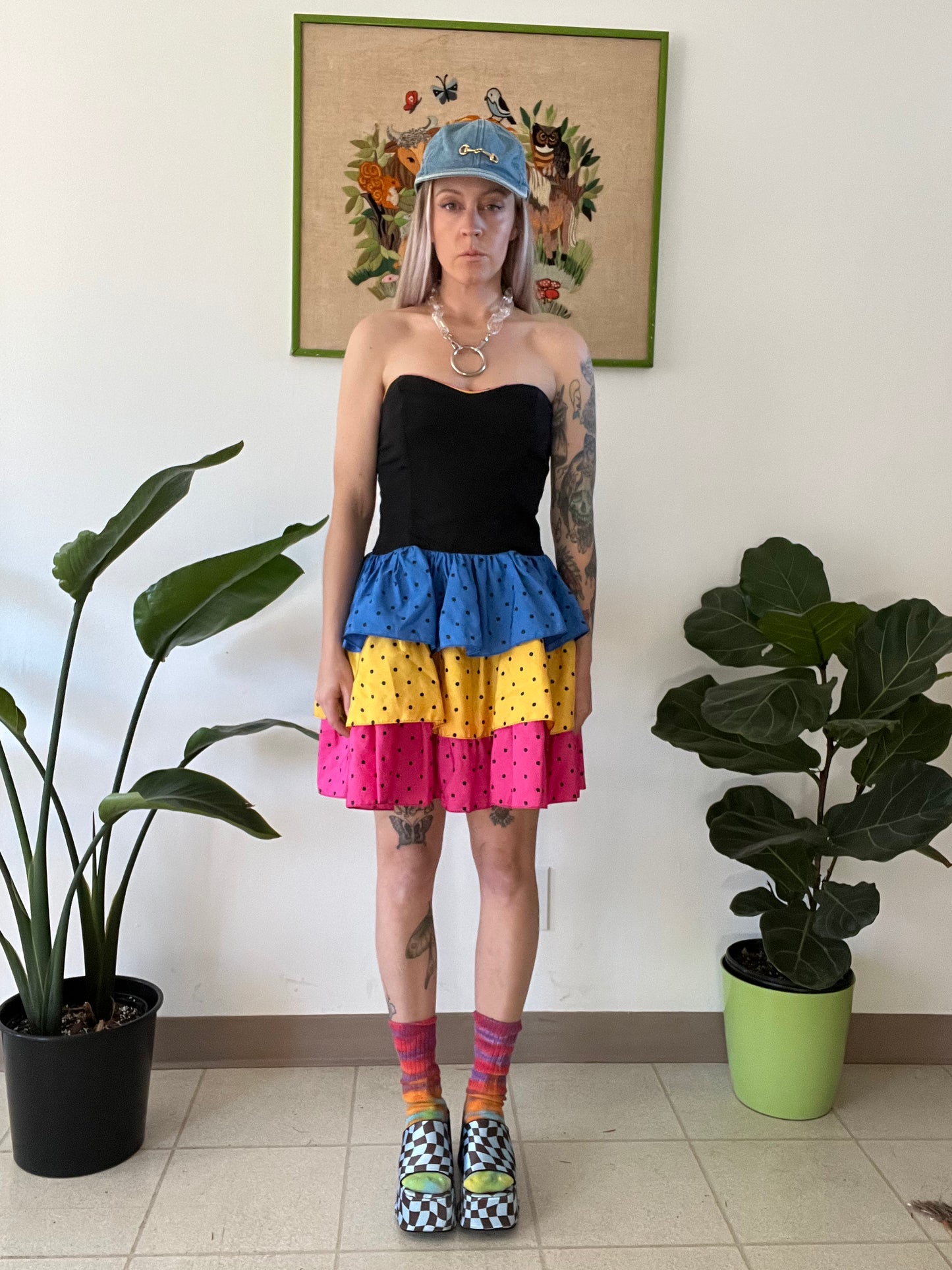 80s PolkaDot Ruffle Mini Dress - S/M