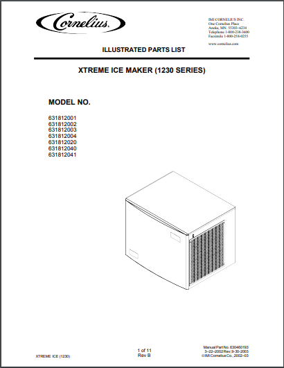 Cornelius Xtreme Ice Maker 1230 Series Spec Sheet