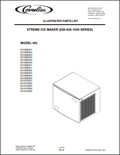 Cornelius Xtreme Ice Maker 630, 830, 1030 Series Spec Sheet