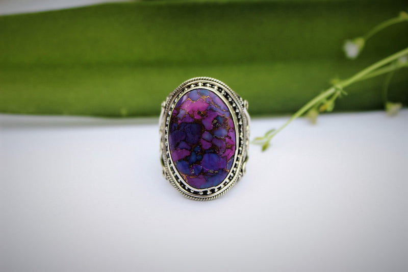 Sterling Silver Ring with Purple Copper Turquoise Adjustable Peacock Tail Sterling Silver Ring with 6mm x 8mm Purple Copper Turquoise Cabochon