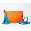 Sac à main pochette Quick Cluth bandoulière amovible/cuir pleine fleur turquoise/ pompon cuir menthe/ fait main