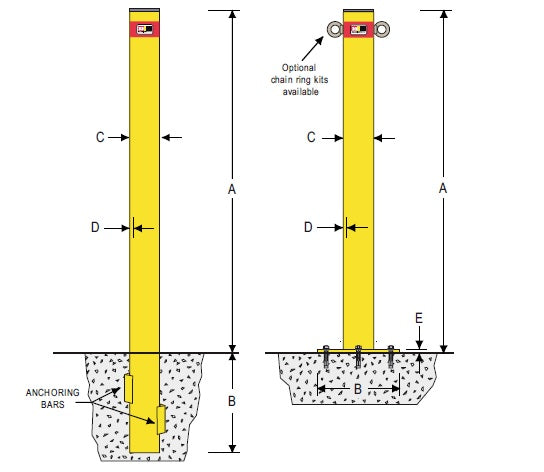 barrier group yellow bollard drawing with dimensions