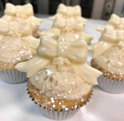 Wedding Cupcakes with Edible Glitter and White Chocolate Bows