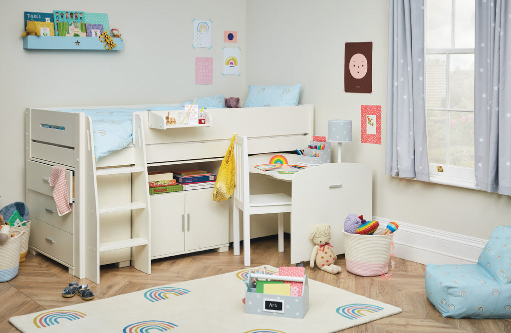 Rainbow kids' bedroom with ivory furniture