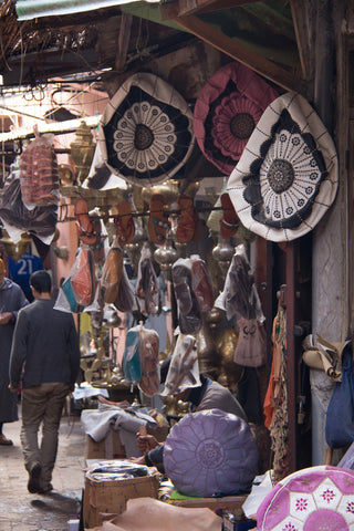 Leather ottomans in Moroccan market