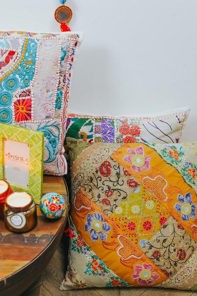 ISHKA embroidered patchwork cushions