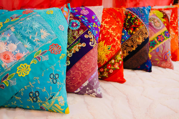 ISHKA embroidered patchwork cushions