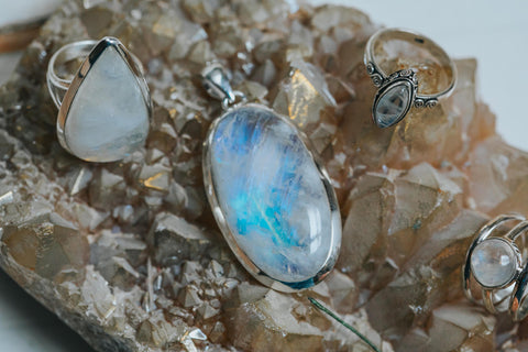 ISHKA Moonstone jewellery pendant and moonstone rings