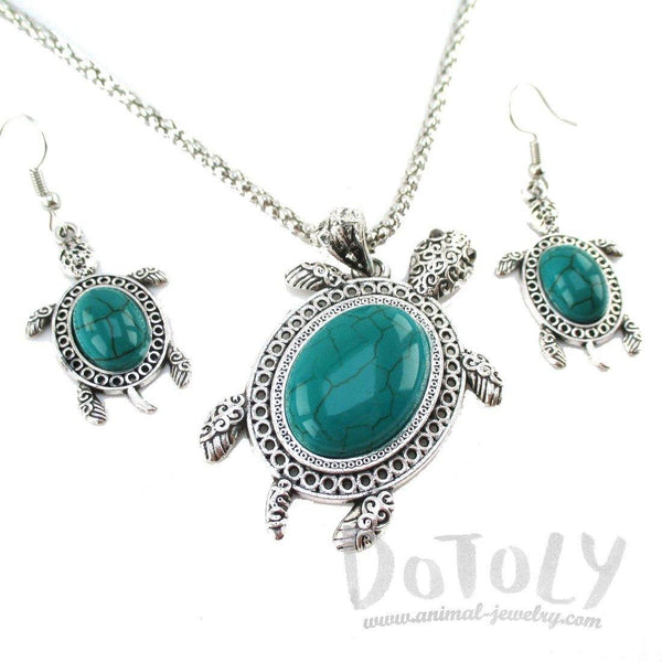 Retro Blue Turquoise Sea Turtle Pendant Necklace Earrings Bracelet Jewelry Set S 