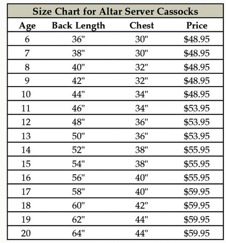 Altar Server Cassock Size Chart, Style 600