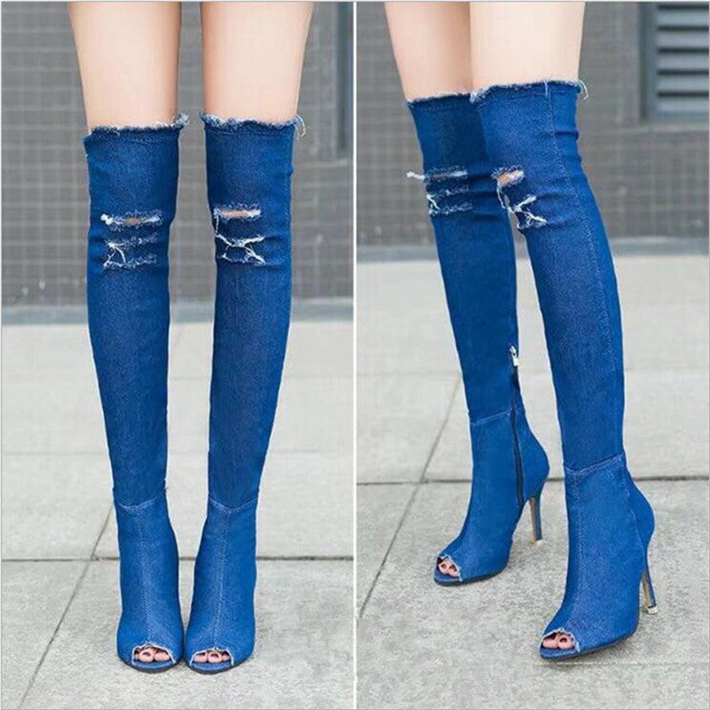 blue denim thigh high boots