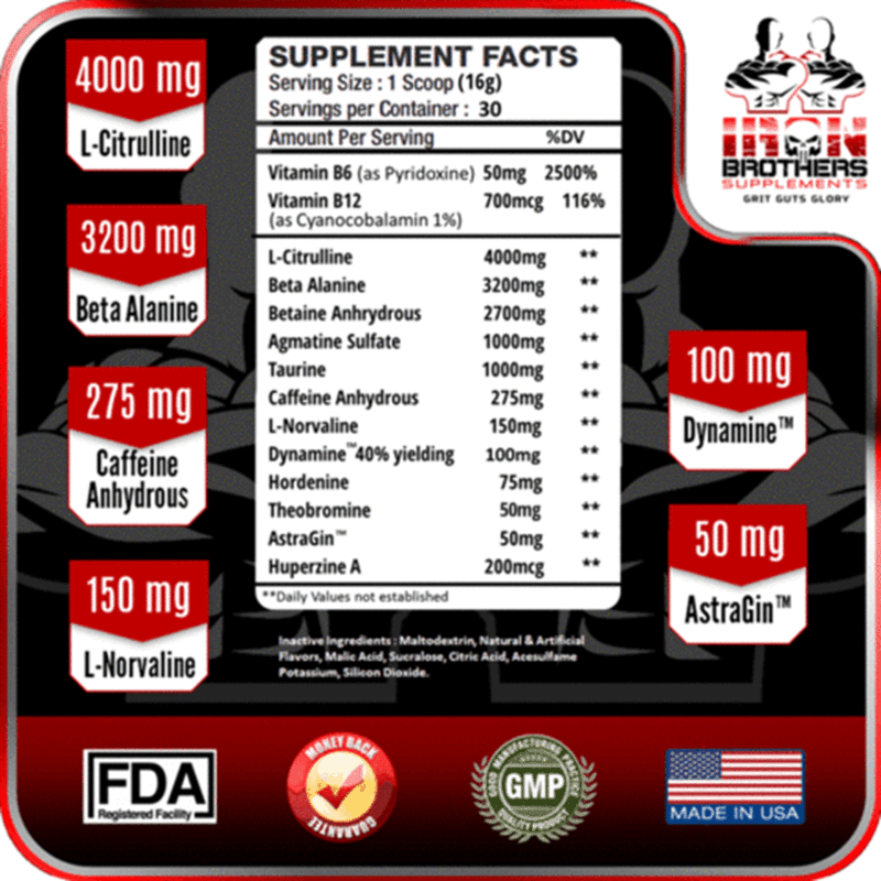 iron brothers supplements relentless v2 pre workout ingredient panel supplement facts