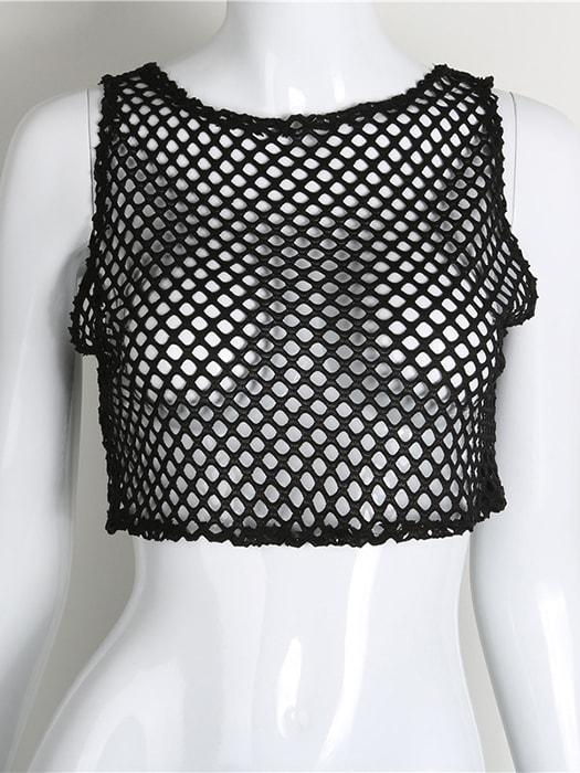 Hollow out Sleeveless Mesh Top In Black