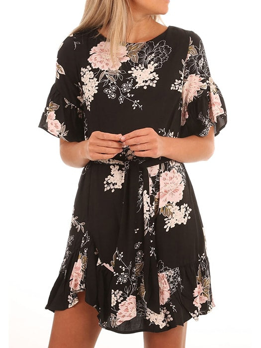 Black Floral Pattern Ruffle Hem Chiffon Dress