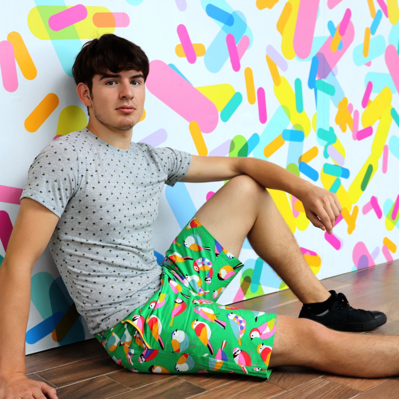 Colorful Bird All Over Print Flat Front Mens Shorts in Green