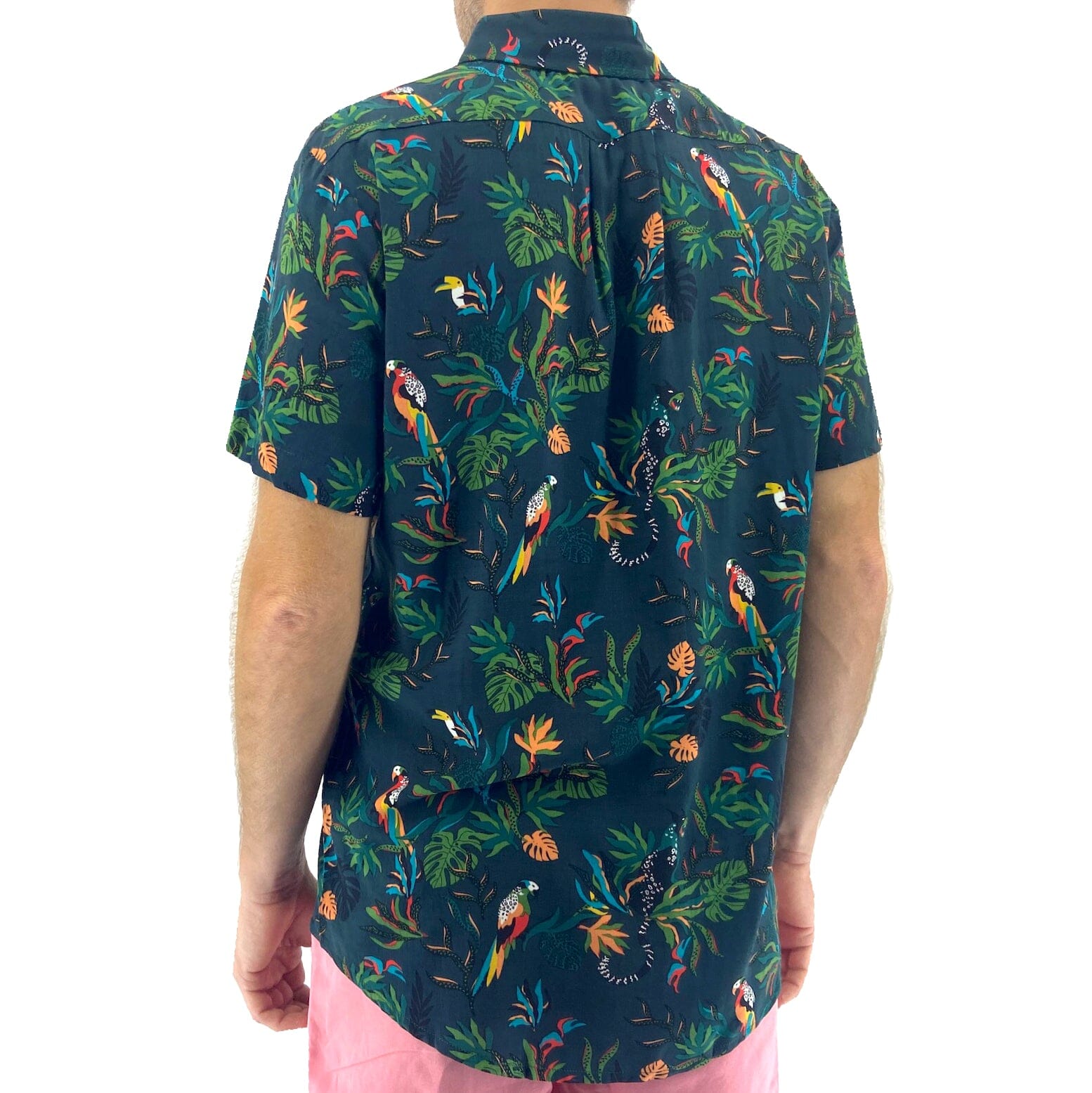 Men's Colorful Jungle Floral Black Panther Print Button Up Aloha Shirt