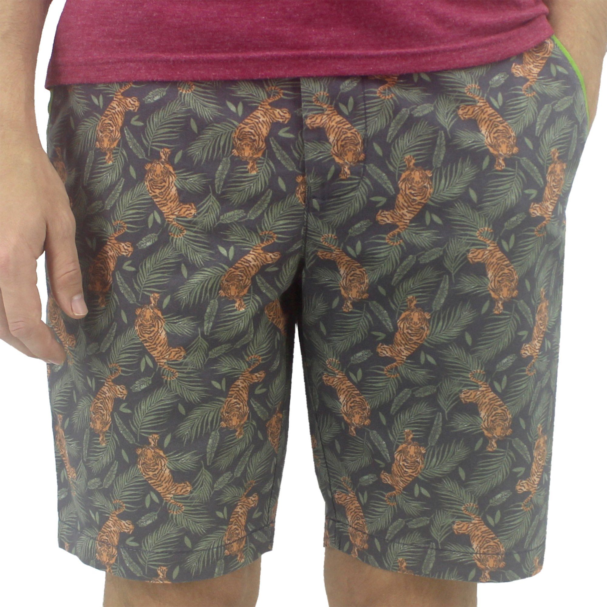 Colorful Tiger Patterned Flat Front Golf Chino Shorts for Men in Bold Prints 