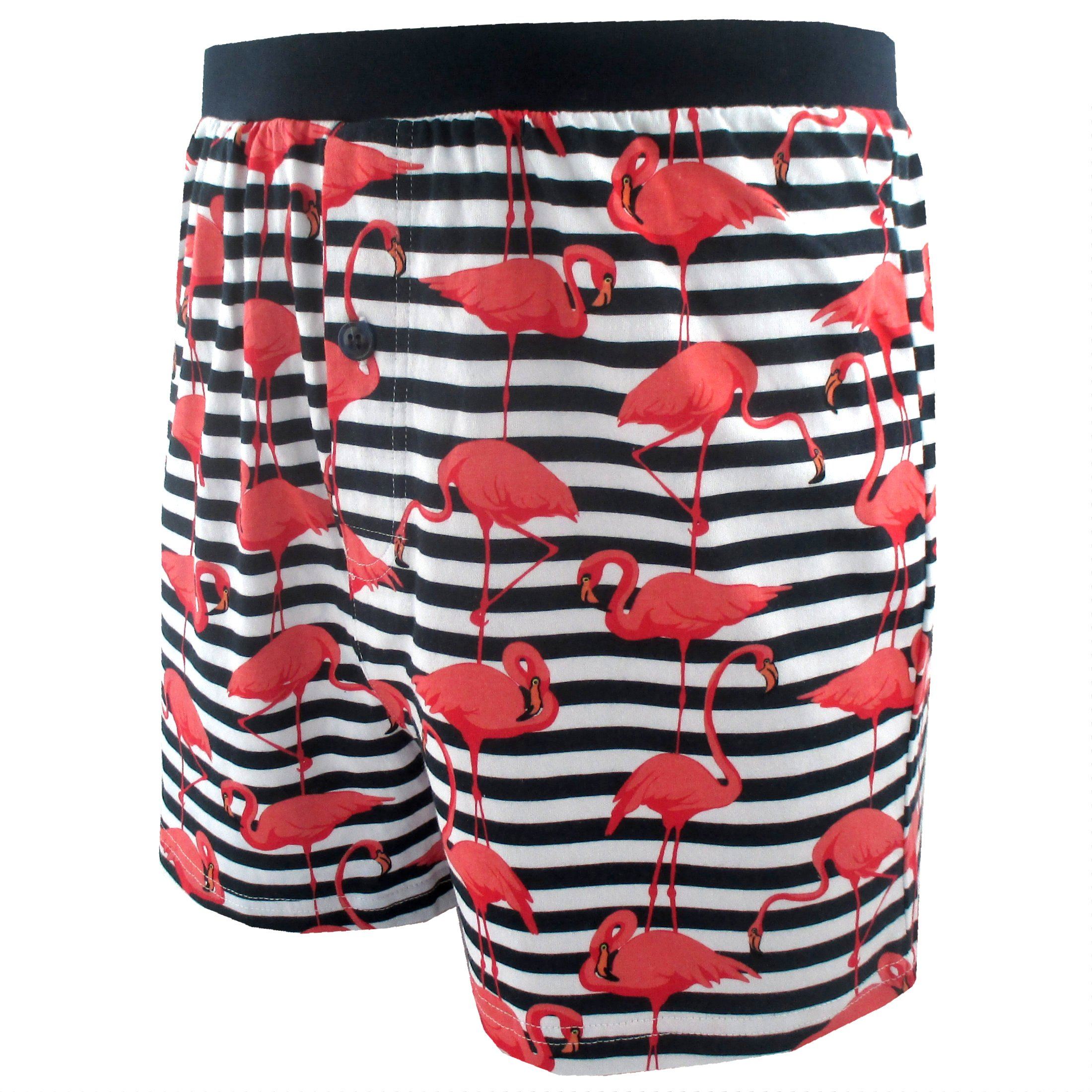Men's Pink Flamingo All Over Print Striped Cotton Knit Boxer Shorts