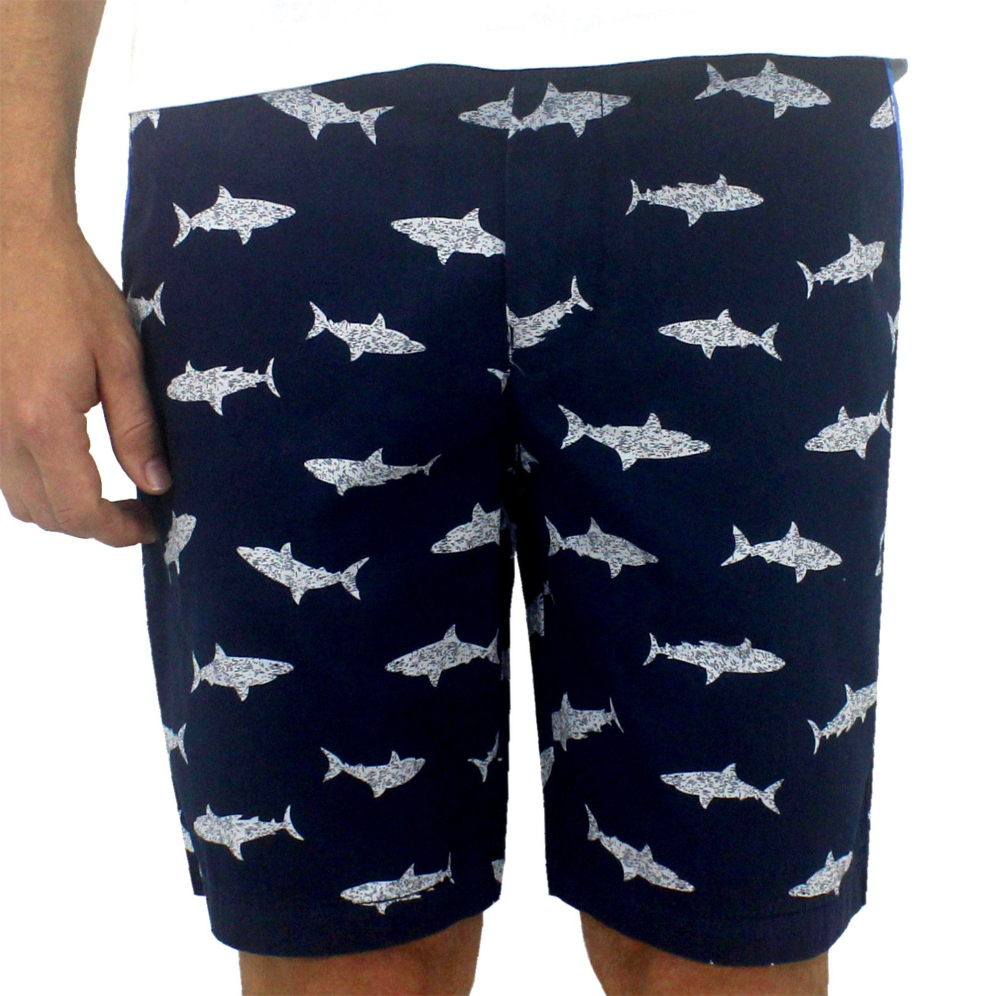 Shark All Over Print Flat Front Chino Bermuda Golf Shorts for Men in Navy Blue