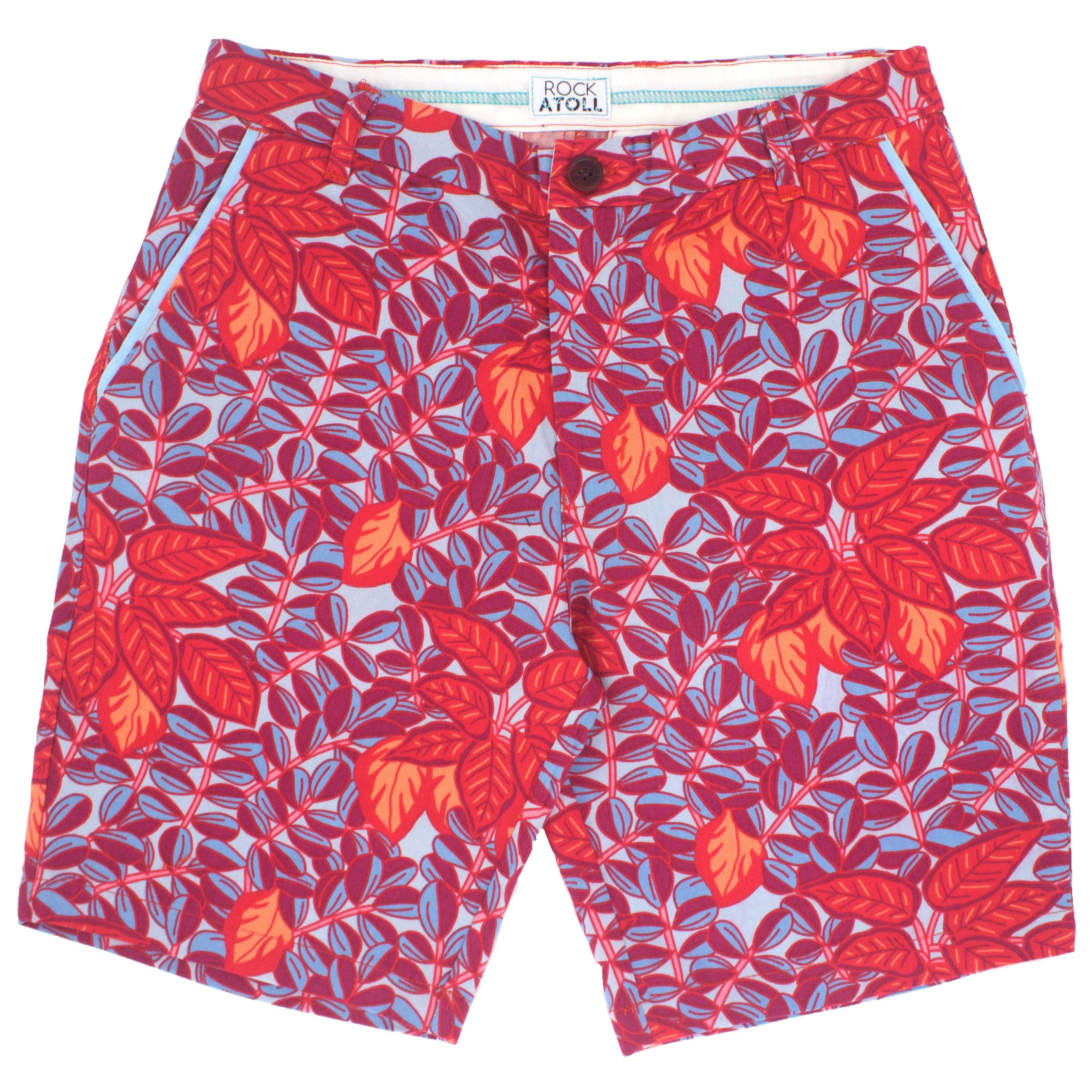 Red Floral Leaves and Vines Print Flat Front Mens Shorts