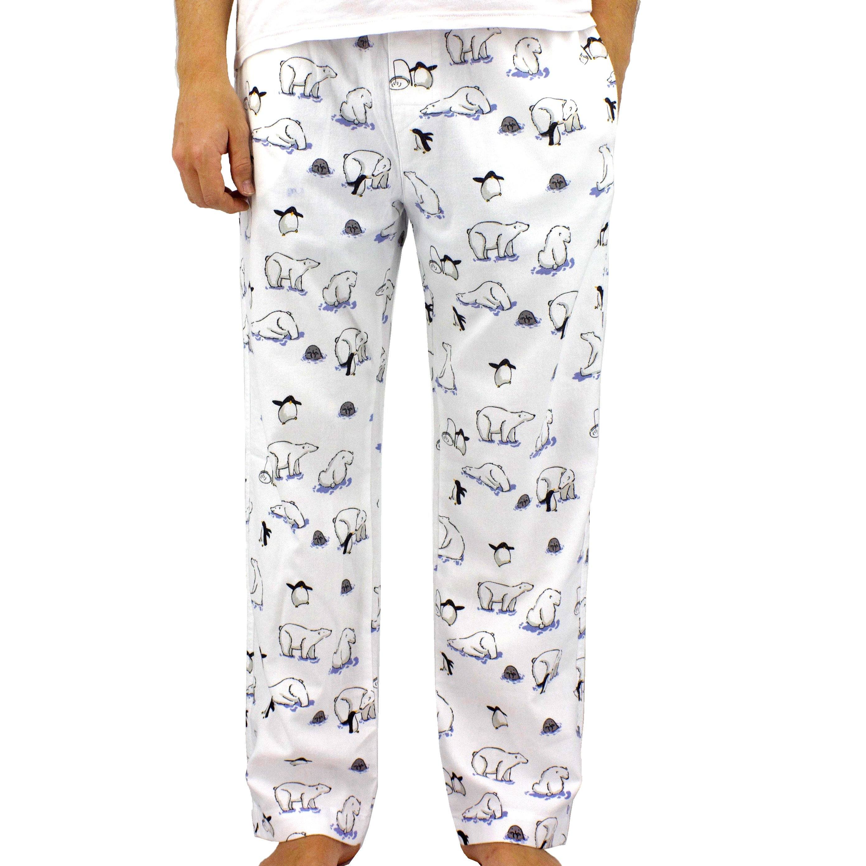 White Polar Bear Pattern Warm Winter Essentials Long Drawstring Sleep Pants for Men
