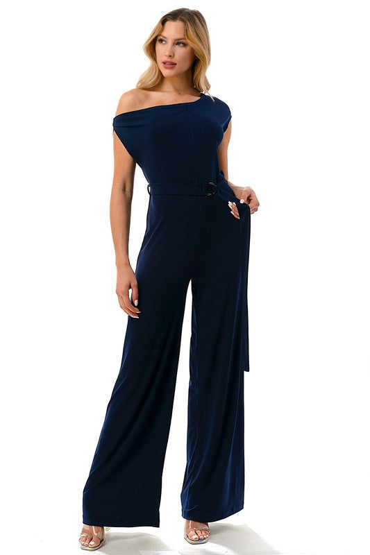 off shoulder blue jumpsuit