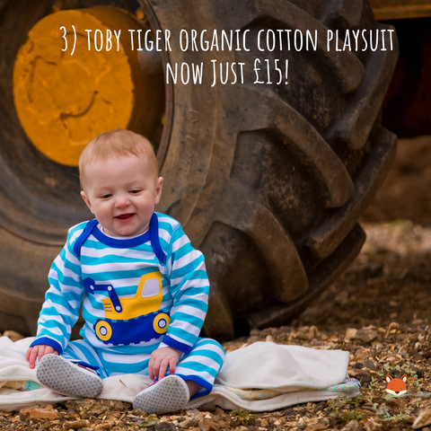 baby wearing toby tiger organic cotton digger playsuit - cotswold baby co