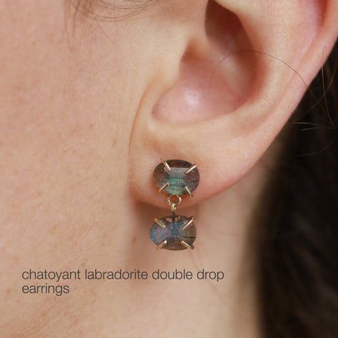 chatoyant double drop labradorite earrings on model