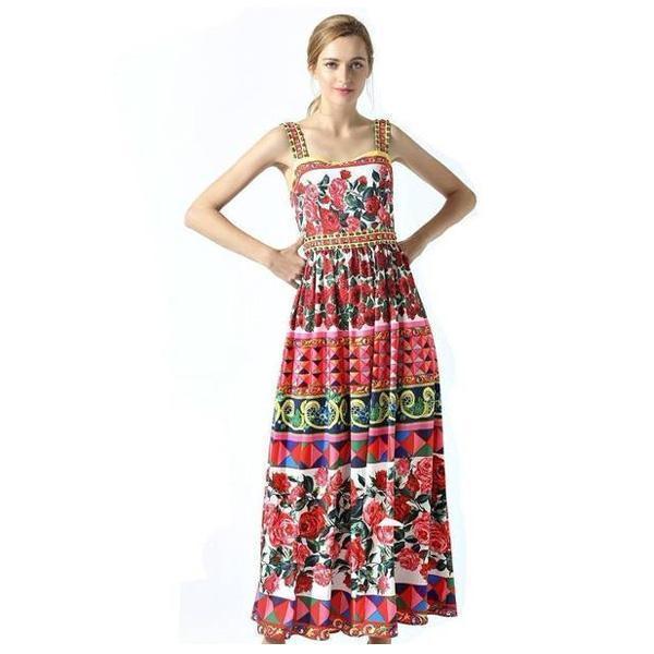 Summer Runway Spaghetti Strap Rose Flower Print Beading Long Dress