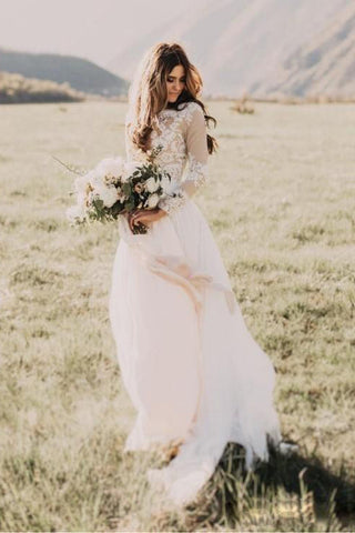 Bohemian Lace Long Sleeves Floor Length A Line Applique Chiffon Boho Bridal Gown