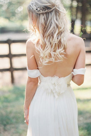 Elegant Off-shoulder Beading Sash Long Chiffon Wedding Dress Wedding Dress