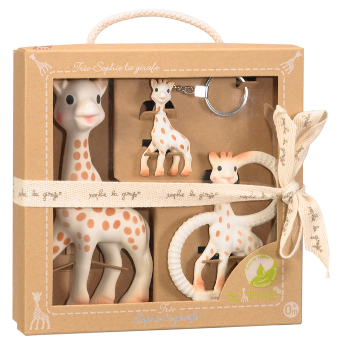 Sophie la Girafe - Trio Set https://babystuff.co.nz/products/sophie-la-girafe-trio-set The Original Sophie, plus a So Pure Sophie the Giraffe Teething Ring and a key ring. Boxed in a lovely gift box makes for the perfect baby shower gift! Suitable from 0months+