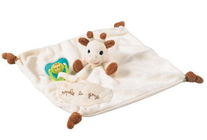 Sophie la Girafe - Comforter with Soother holder https://babystuff.co.nz/products/sophie-la-girafe-comforter-with-soother-holder Gentle colours and a very soft feel to reassure and comfort baby! This practical comforter comes complete with a Velcro® fastener to hold baby's soother and a pocket for perfect hygiene. Light and easy to grip by Sophie the giraffe's head and legs, and the five knots, one in each corner. This large-sized comforter is p...