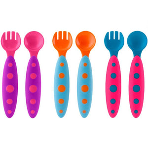 Boon Modware Toddler Utensils https://babystuff.co.nz/products/boon-modware-toddler-utensils An instant utensil upgrade. ModWare is great for toddlers who are not quite ready to rock adult tableware. The soft, comfy grip is part of an overall ergonomic design that makes eating simple. There are no sharp edges to ruin a meal. Bonus: Great for pretend sword fights! Colours as shown in picture.