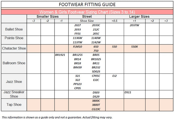 pointe shoe sizes