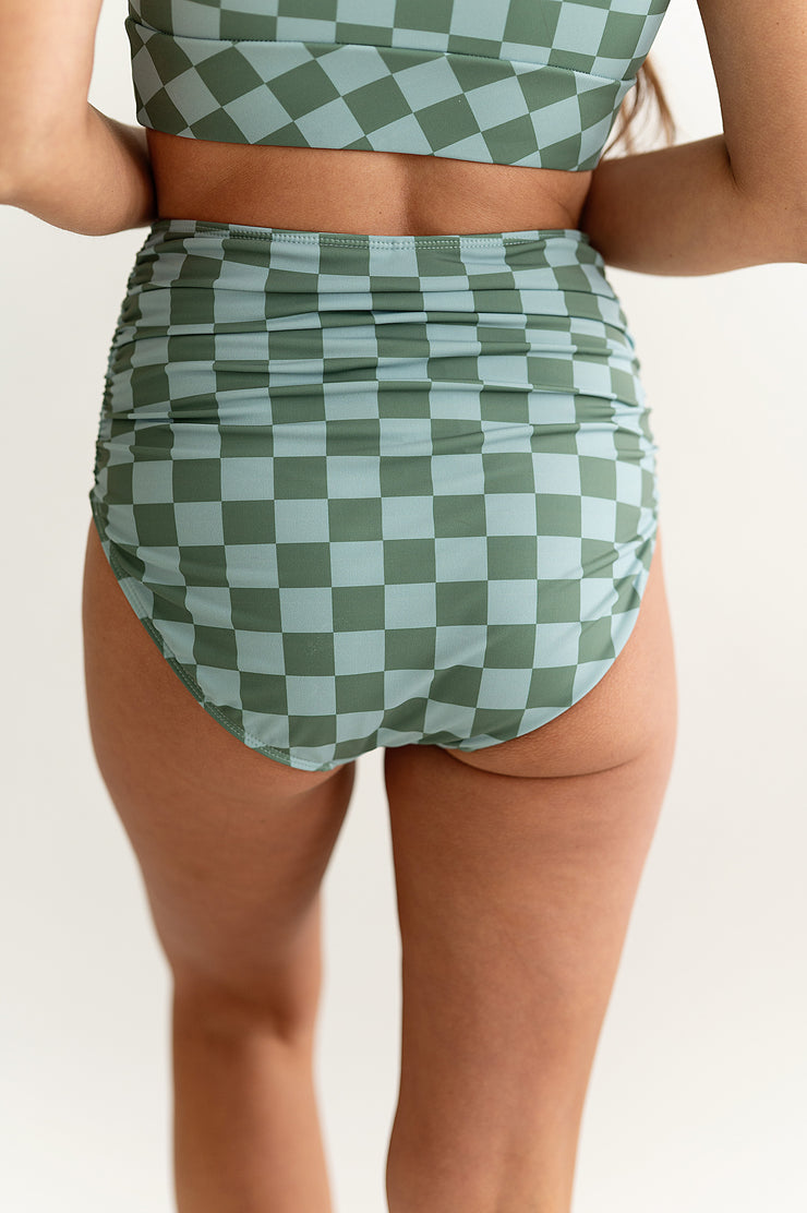 L&K Sea Salt Check Ruched High Waisted Bottoms - Made in USA