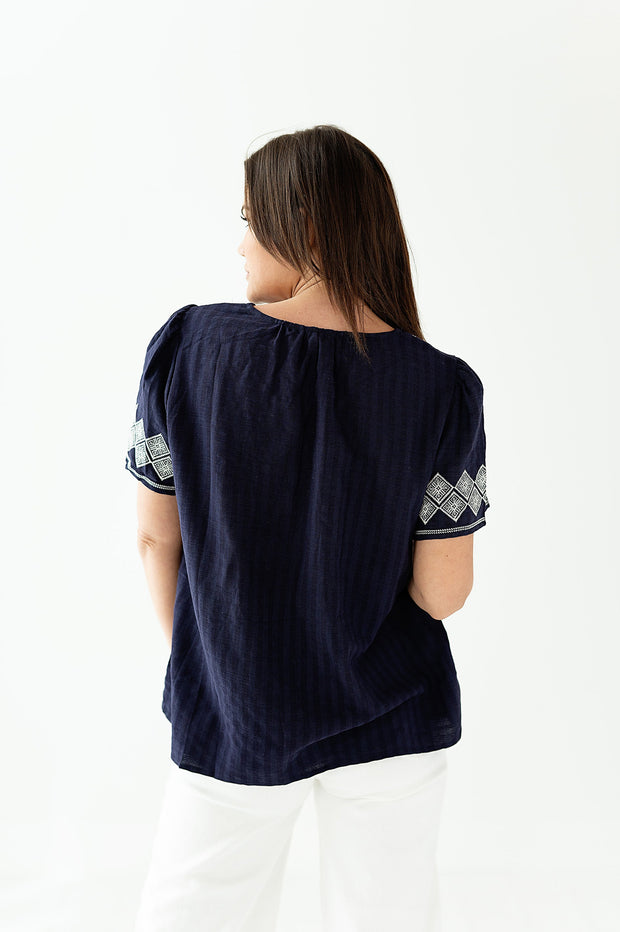 Santorini Embroidered Top in Navy